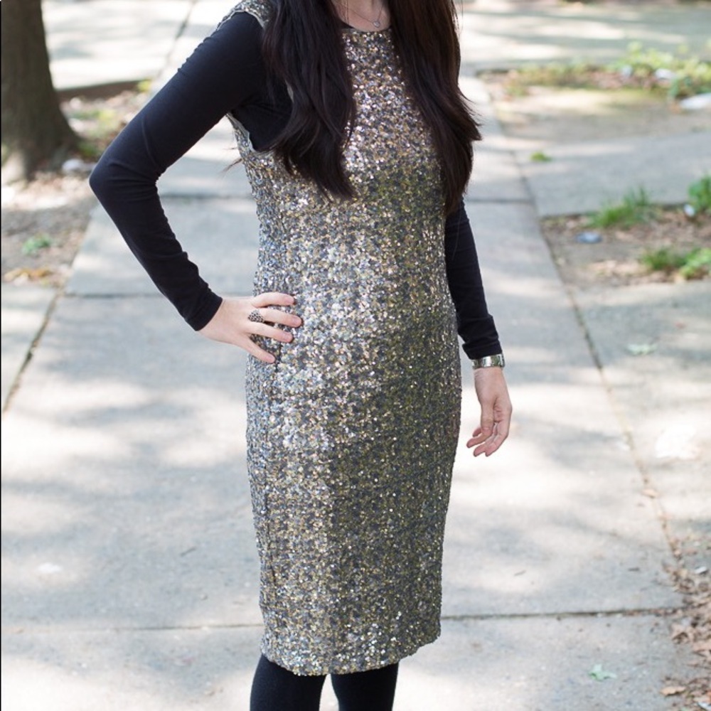 Sleeveless gold and silver sequin dress
